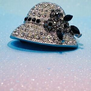 Elegant Silver Tone and Black Ladies Hat Brooch